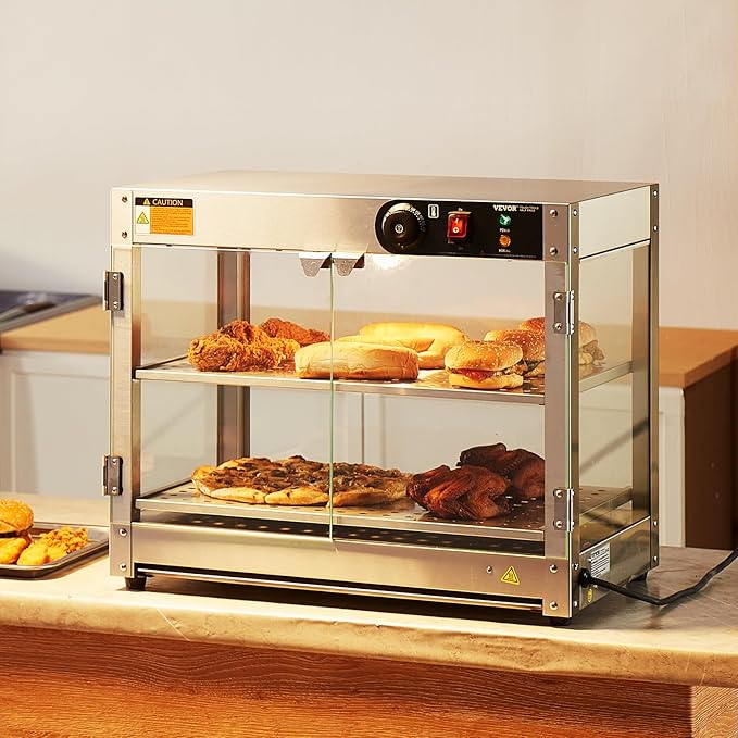 VEVOR 2-Tier Commercial Food Warmer Display, 800W Food Display Warmer with Light to Enhance Food Display, 86℉~185℉ Temperature Control, 58L Large Capacity for Hamburger, Pizza, Bread, Fried Chicken