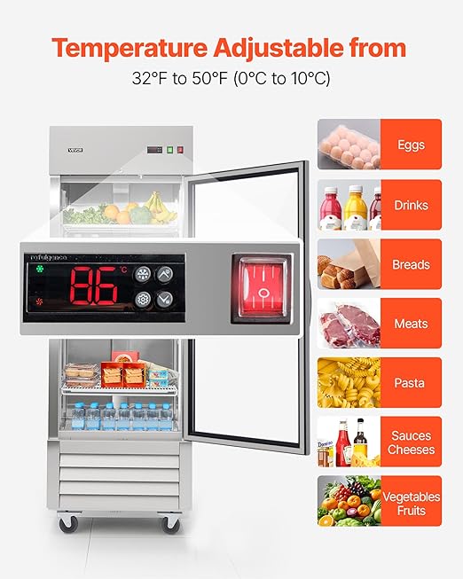 VEVOR Commercial Reach-In Refrigerator 29" W, 22 Cu.Ft Stainless Steel Upright Refrigerator with Single Glass Door, Auto-Defrost, 4 Adjustable Shelves, 32 to 50℉ Temp Control, ETL Certified