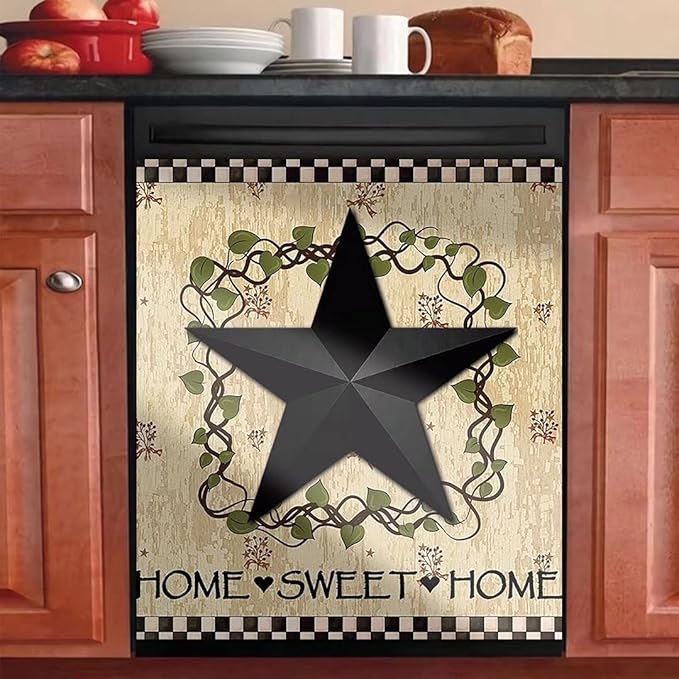 Black Prim Barn Star and Wreath Dishwasher Cover Decorative Magnet for Dishwasher Door