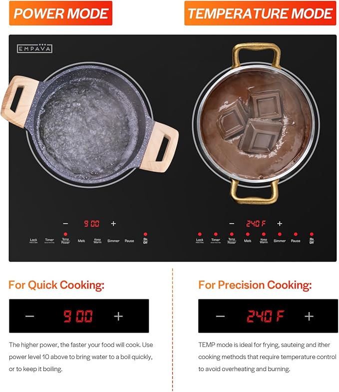 Empava Double/Dual Induction Cooktop 2 Burner, Shatter-proof Flat Glass Top, 18 Levels from 120°F to 460°F, 3 Preset Mode, Bulit-in/Countertop, 110~120 Volt Plug in Electric Stove for Kitchen, RV