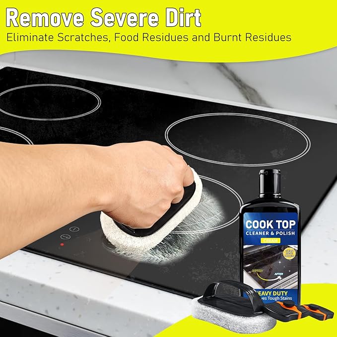 Cooktop Cleaner Kit,35 oz Glass Top Stove Cleaner and Polish,Stove Top Cleaner Kit with Scraper,Scrubbing Pad,Removes Tough Stains