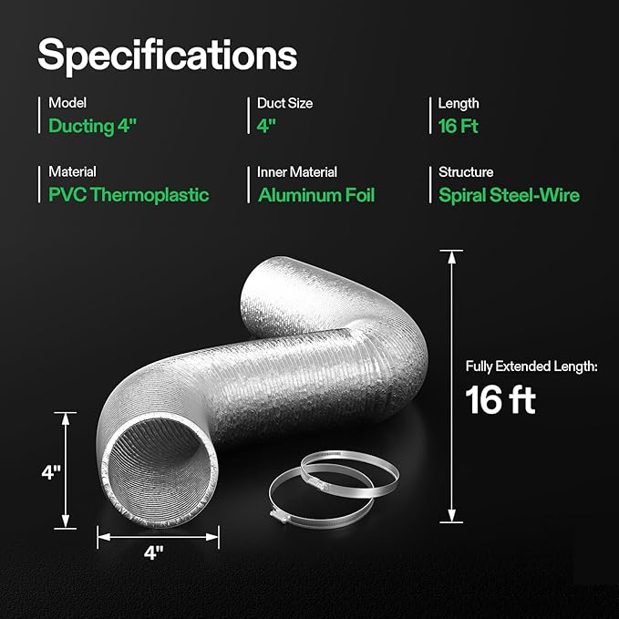 VIVOSUN 4 Inch 16 Feet Non-Insulated Flex Air Aluminum Ducting for HVAC Ventilation with 2 Stainless Steel Clamps