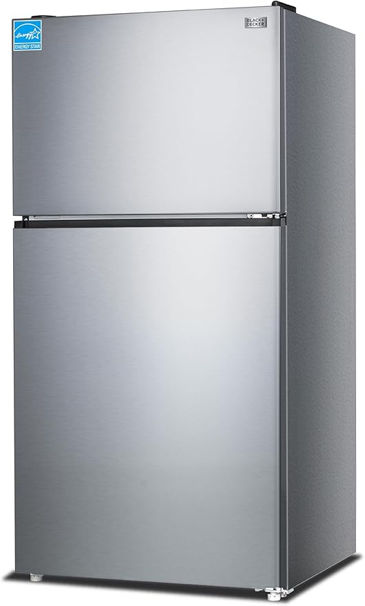 BLACK+DECKER 24 Cu. Ft. Top Mount Refrigerator with Ice Maker, 2-Door Refrigerator with Top Freezer, Freezer with Icemaker and Adjustable Temperature Control, ENERGY STAR, BR2400JIMS, Stainless Look
