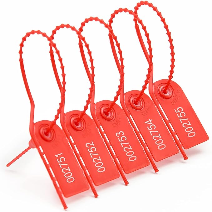 100 PCS Plastic Tamper Seals Pull Tight Security Seals Tags Breakaway Seals Numbered Zip Ties Disposable Self-Locking Ties for Fire Extinguisher, Tear Off Type, 210mm Length