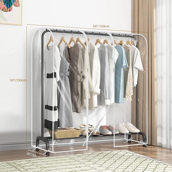 Garment Rack Cover waterproof ransparent Clothes Rack Cover, PEVA Dustproof Wardrobe Hanging Protector Rack Organizer with 2 Smooth Zipper(60 * 20 * 60inch)