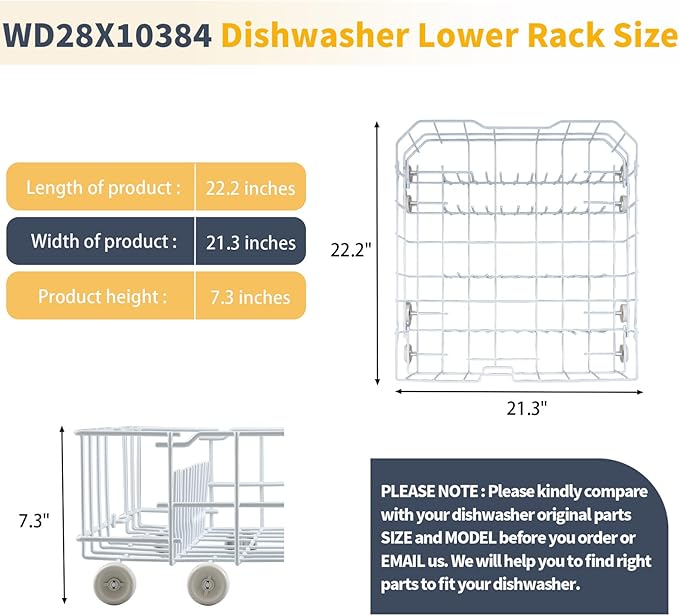 Allstare WD28X10384 Dishwasher Lower Rack Replacement Parts for GE Dishwasher Parts Lower Dishrack Assembly with Wheels GHDA485N10CS GLD4406R00BB GE Dishwasher Bottom Rack 22.2"D x 21.3"W x 7.3"H