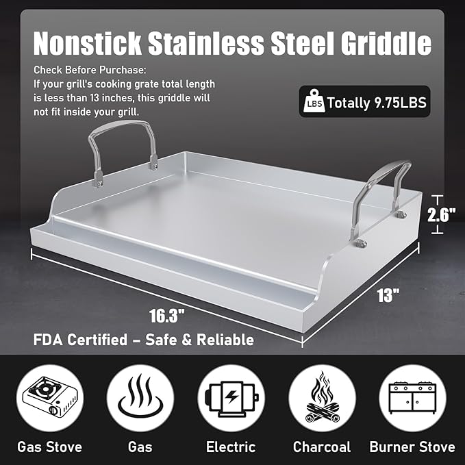 Nonstick Stainless Steel Griddle for Gas Grill Nanoceramic Griddle for Gas Top Stove 17" x 13" Flat Top Plate Cooking Skillet Pan Teppanyaki for Camping Outdoor Tailgating Plancha Para Cocinar