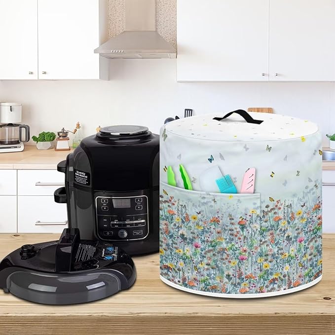 Insulated Pressure Cooker Appliance Cover, Also Fit for Air Fryer and Crock Pot, 3 Qt Dust Cover with Pocket for Spoon/Cooking Utensils/Recipes, for Home Decoration, Flower Butterfly Blue