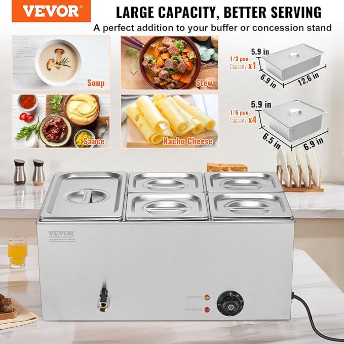 VEVOR 5-Pan Commercial Food Warmer, 24QT Electric Steam Table, 1200W Professional Countertop Stainless Steel Buffet Bain Marie with 86-185°F Temp Control for Catering and Restaurants, Silver