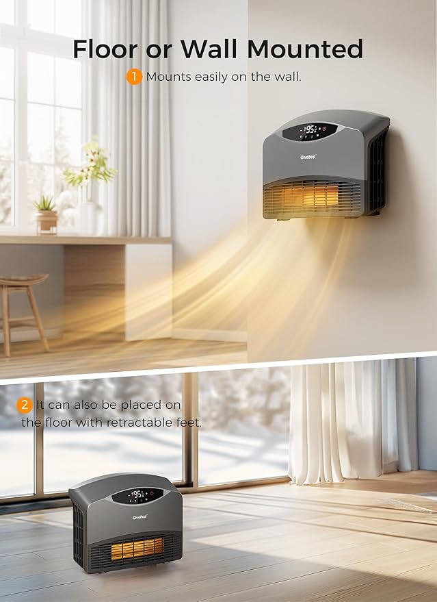 GiveBest Smart Wall Heater with WiFi and Remote Control, 1500W, Floor or Wall Mounted, 3 Heating Modes, Electric Heater with Thermostat for Living Room, Garage, Grey