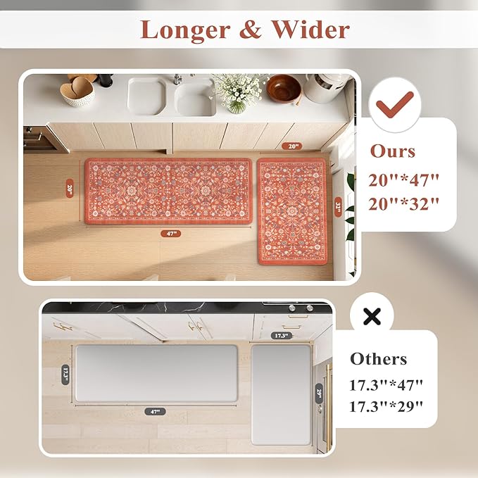 KIMODE Anti Fatigue Mat for Kitchen Floor Non Slip,Boho Vintage Floral Kitchen Rugs Sets of 2,Wide Cushioned Memory Foam Waterproof Standing Carpet for Laundry Sink Home,Red