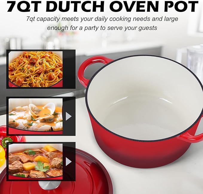TeamFar Enameled Cast Iron Dutch Oven, 7qt Dutch Oven Pot Nonstick Cookware with Lid & Dual Handles for Bread Baking, Cooking, Oven Safe up to 500℉ & Various Stovetops, Healthy & Heavy Duty - Red