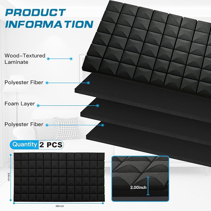 2 PCS Acoustic Panels,48''X24''X2'' Sound Proof Foam Panels for Walls,High Density Fire Resistant & Noise Absorbing for Studio, Office, Home (Black, 2 Pack)