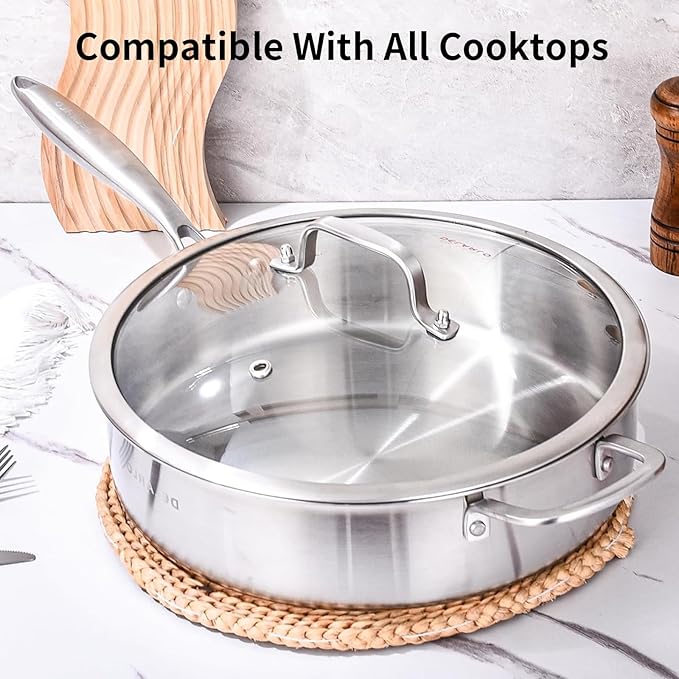 DELARLO Tri-Ply Stainless Steel Saute Pan With Lid 5.5QT,12.3Inch Deep Frying pan,Induction Large Skillet,Jumbo Cooker,Efficent Fast Even Heating Cooking Pan Dishwasher and Oven Safe
