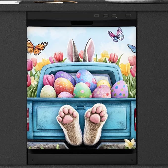 Easter Bunny Egg Truck Dishwasher Magnet Cover Front Dishwasher Cover Decor Reusable Magnetic Door Cover Panel Decal Home Appliances Stickers Kitchen Refrigerator Fridge 23"x26"