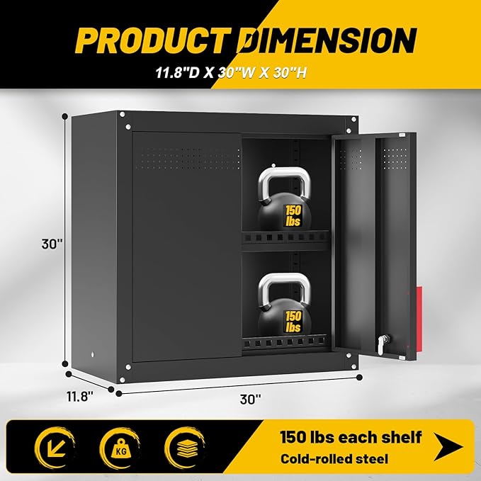 30" Garage Wall Cabinet, Metal Wall Cabinet with Lock & Adjustable Shelf,Heavy-Duty Black Garage Storage Cabinet,Ventilated Metal Wall Cabinets for Workshop & Tools