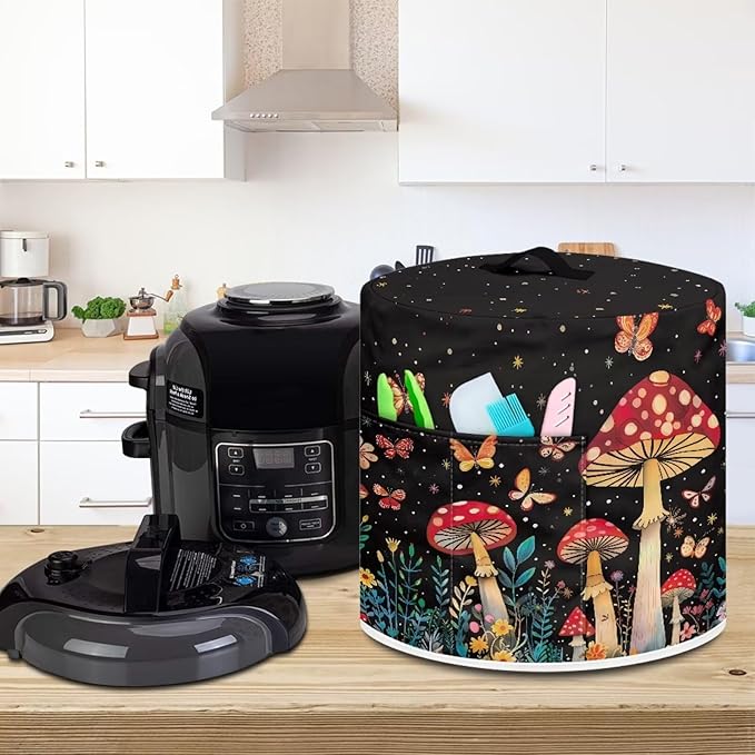 Small Appliance Covers for Air Fryer & Pressure Cooker, Appliance Dust Covers with Pockets Fits Pressure Cooker (8 Quart) and Extra Accessories - Butterfly Mushroom