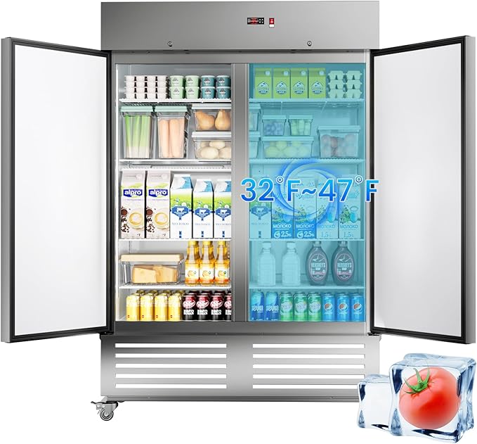 Commercial Refrigerator 54"W 2 Door Stainless Steel Reach-in Solid Door Upright Fridge Fan Cooling 49 Cu.ft Refrigerators 32-47°F for Restaurant, Bar, Shop