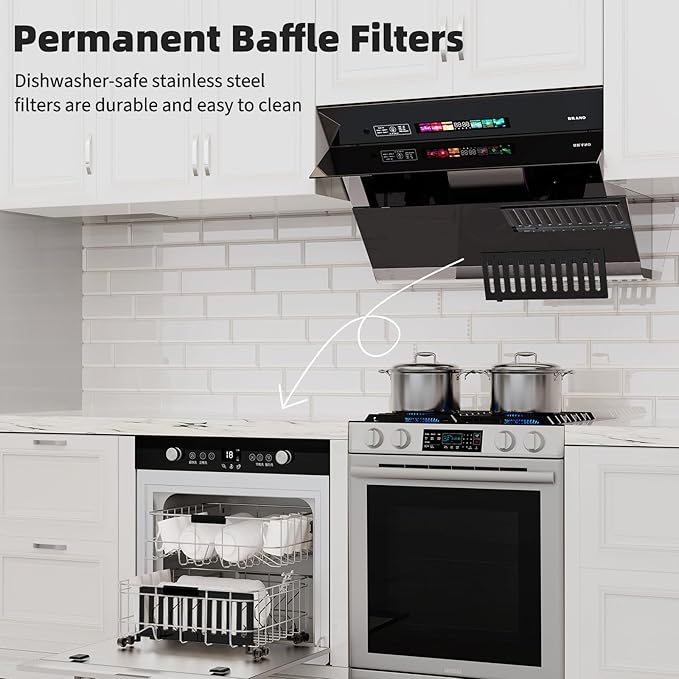 BRANO Range Hood 36 inch with 900CFM, Voice/Gesture Sensing/Touch Control Panel, Unique Side-Draft Design for Under Cabinet Modern Kitchen Hood, Ducted/Ductless Convertible
