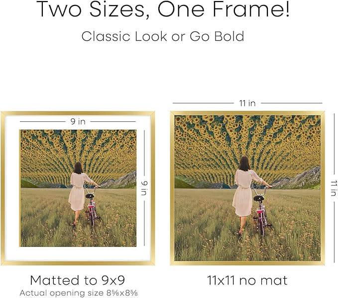 Homeforia 11x11 Picture Frame Gold, High End Metal 11 by 11 Square Frames with Mat 9 x 9 Photo, 11by11 Thin Poster Frame Matted to 9x9 inch Art, Wall Hanging Frames, Tempered Glass, Wall Kit, Set of 3