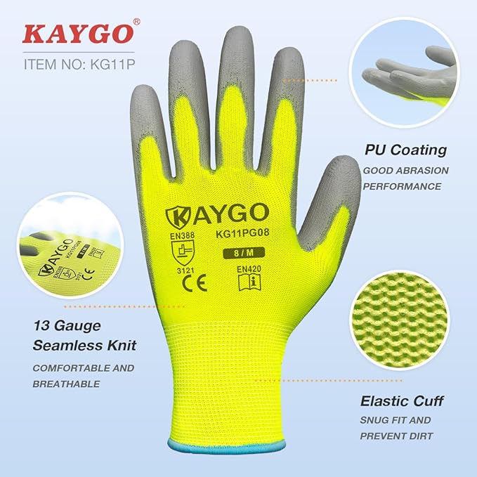 KAYGO Safety Work Gloves PU Coated-12 Pairs, KG11PB, Seamless Knit Glove with Polyurethane Coated Smooth Grip on Palm & Fingers, for Men and Women, Ideal for General Duty Work (X-Large, Green)