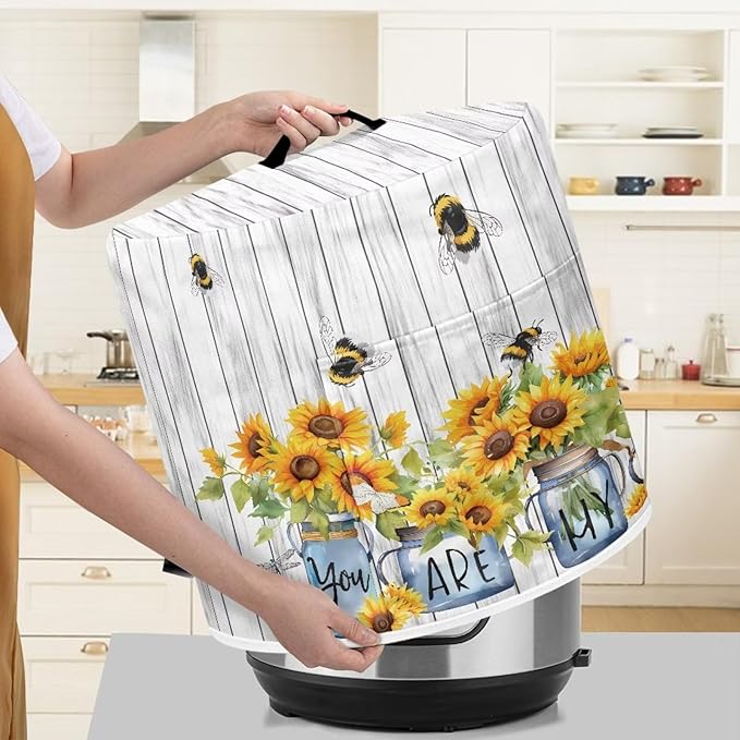 Insulated Pressure Cooker Appliance Cover, Also Fit for Rice Cooker, Air Fryer and Crock Pot, 8 Quart Dust Cover with Pocket for Spoon/Cooking Utensils/Recipes, Washable, Sunflower Vase Bee