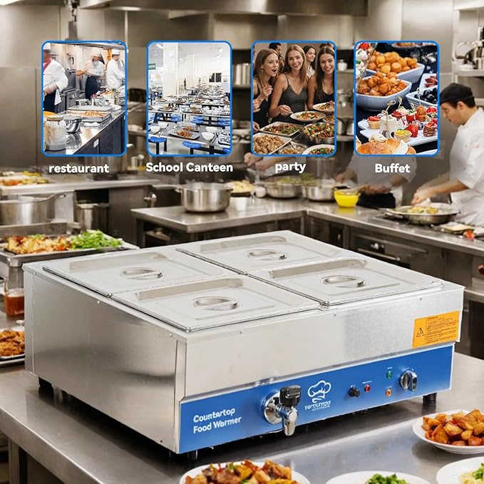 4 Pan Commercial Food Warmer,Electric Countertop Bain Marie Stainless Steel Buffet Steam Table for Catering and Restaurants(4×1/2 GN Pan,120V/1700 Watts