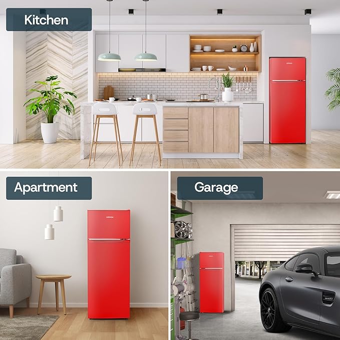 Upstreman 7.7 Cu Ft Refrigerator with Freezer, Double Door Fridge with Adjustable Thermostat Reversible Door, Large Capacity Refrigerator for Apartment, Dorm, Office, Kitchen, Red (BD-75)