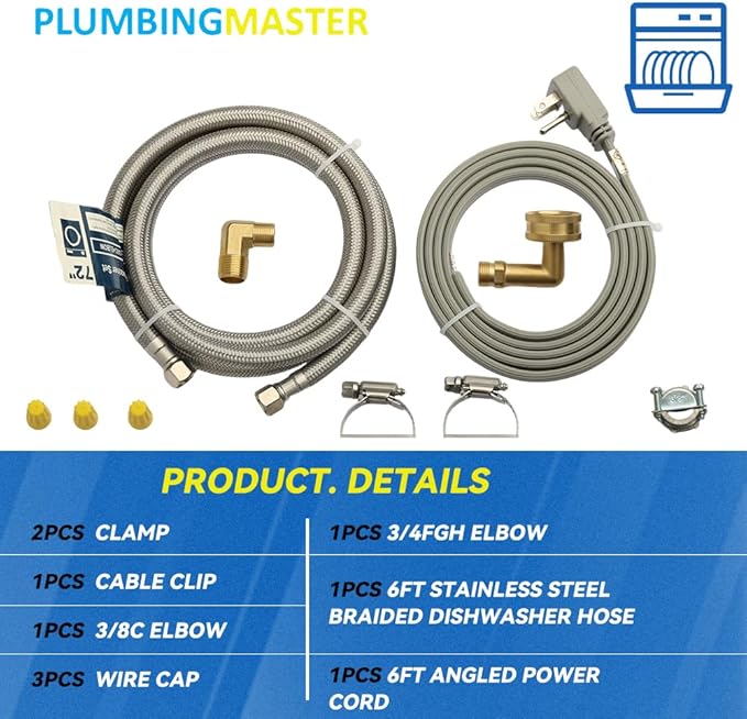PLUMBERMASTER Dishwasher Installation Kit, 6ft Water Supply Line with with 3/8" x 3/8" Compression,3-Prong Straight Power Cord, Elbow Connectors&Adapters,Braided Stainless Steel Dishwasher hose Kit