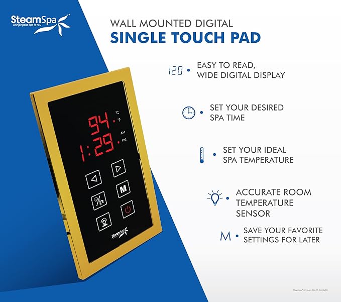 STEAMSPA 10.5kW Steam Sauna Generator Sentry Series 240V Steam Generator with Touch Screen, Steamhead, Built-in Steam Shower Auto Drain, ACU Quickstart Steam Bath Generator (Gold)