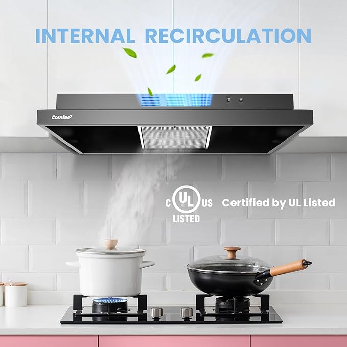 Comfee' Range Hood 30 Inch Ducted Ductless Vent Hood Durable Stainless Steel Kitchen Hood for Under Cabinet with 2 Reusable Filter, 200 CFM, 2 Speed Exhaust Fan