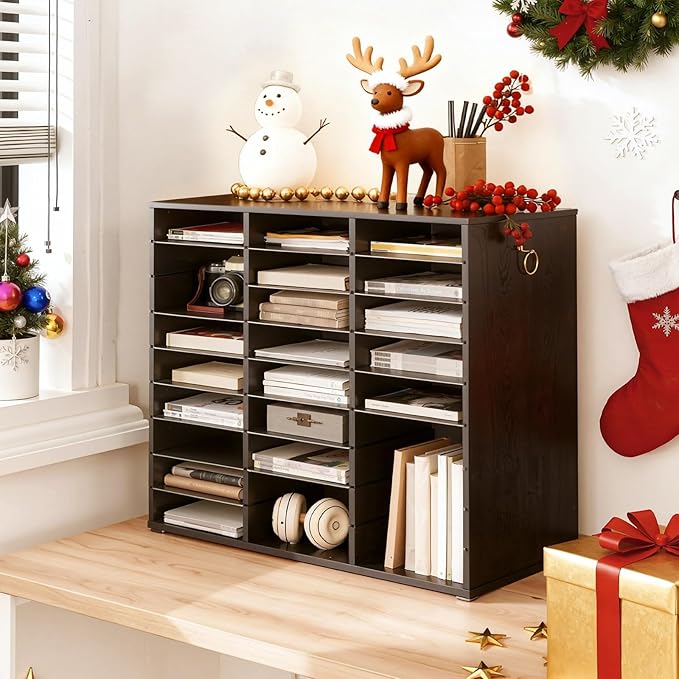 HOOBRO Literature Organizer, 27 Compartments Wooden Mail Organizer, Countertop Literature Sorter with Adjustable Shelves for Home, Office, School, Student Mailbox for Classroom, Black BK27WF01