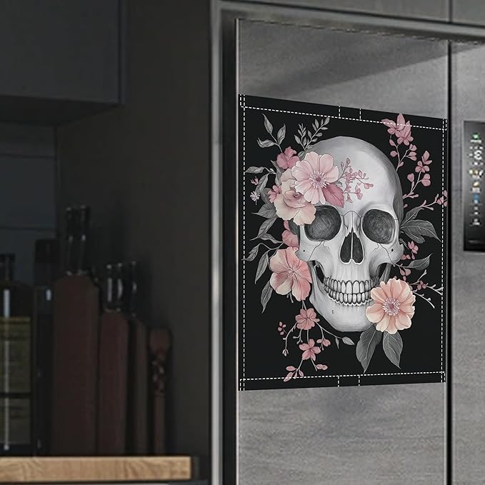 Skull Dishwasher Magnets Decorative Cover,Flowers Magnet Fridge Panel Decal for Home Kitchen Decor,23x26 in