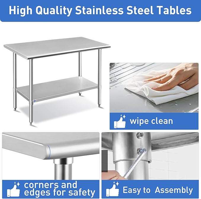 ROCKPOINT Stainless Steel Table for Prep & Work 30x30 Inches, NSF Metal Commercial Kitchen Heavy Duty Table with Adjustable Under Shelf and Table Foot for Restaurant, Home and Hotel