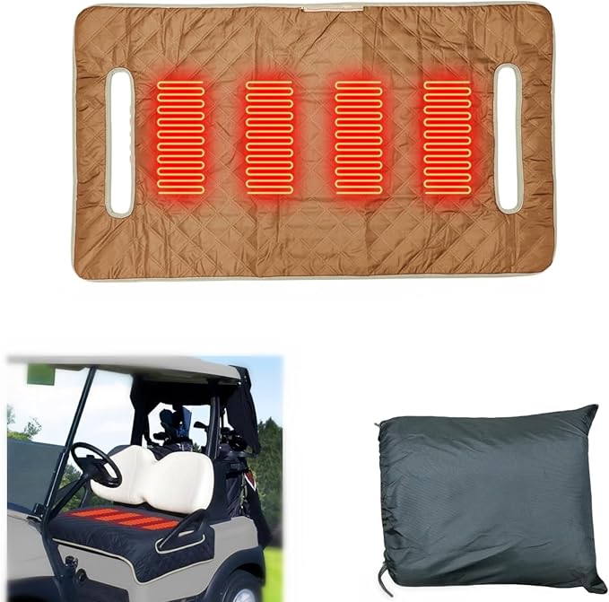 Golf cart Heated seat Cover, Non-Slip and Waterproof Winter Golf cart seat Cushion, Three Temperature Settings, Four-Zone Heating, External Power Supply/Power Bank Heating Options (Brown)