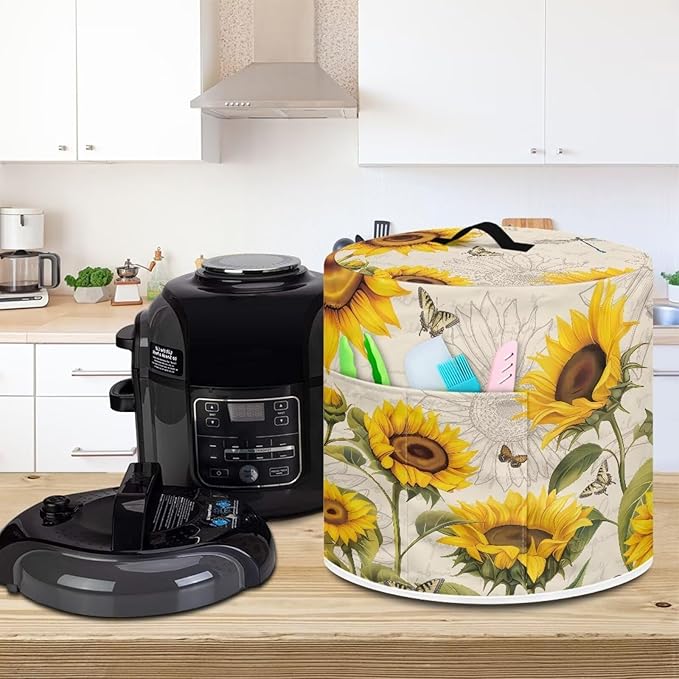 Air Fryer Cover, 3 Quart Appliance Covers for Kitchen Counter Pressure Cooker Air Fryer Rice Cooker Dust Cover with Storage Pockets, Sunflower Beige