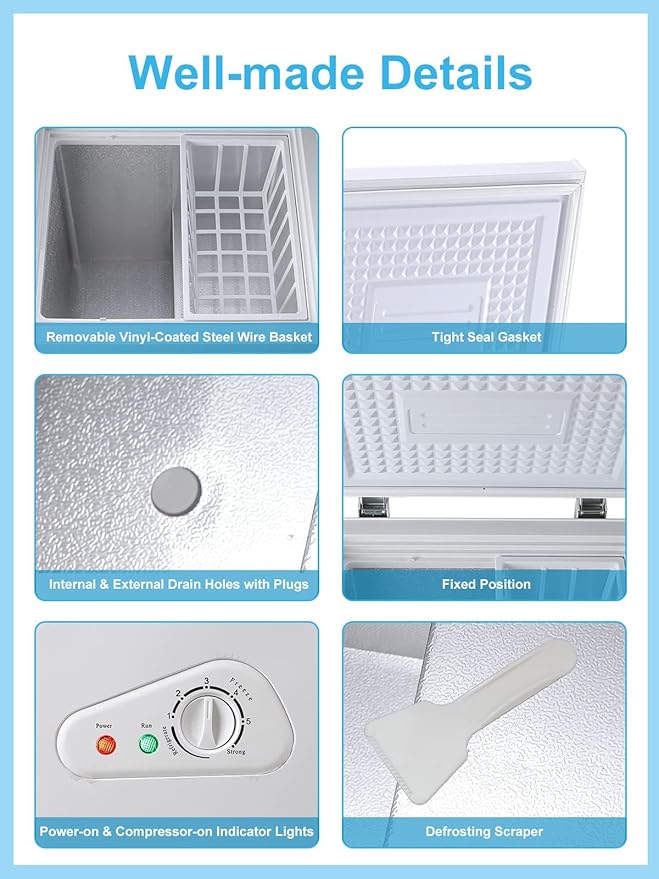Chest Freezer 5.0 cu.ft Mini Adjustable 7 Thermostat Compact Deep Freezer Top Door Low Noise with Removable Basket White