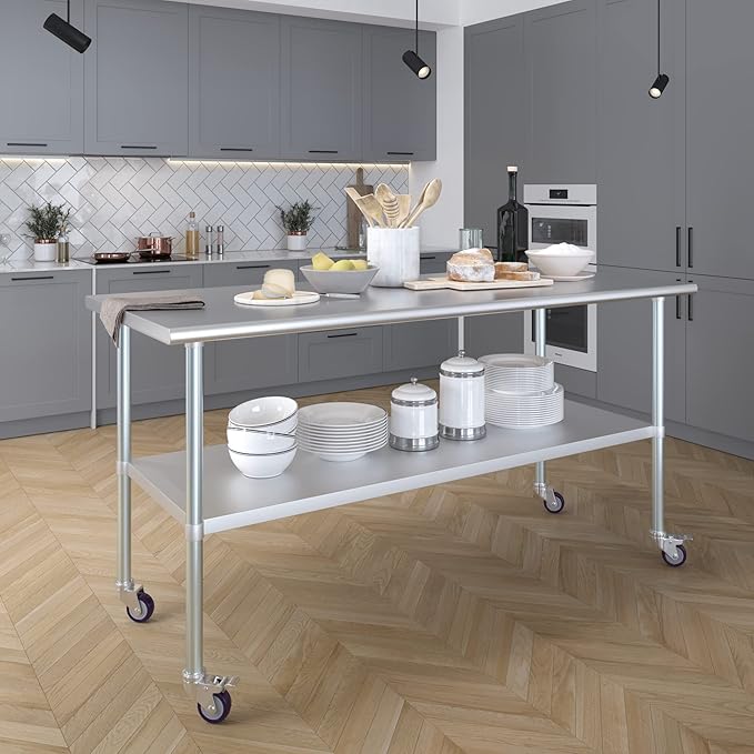 AmGood 72" Long x 30" Deep Stainless Steel Table with Casters