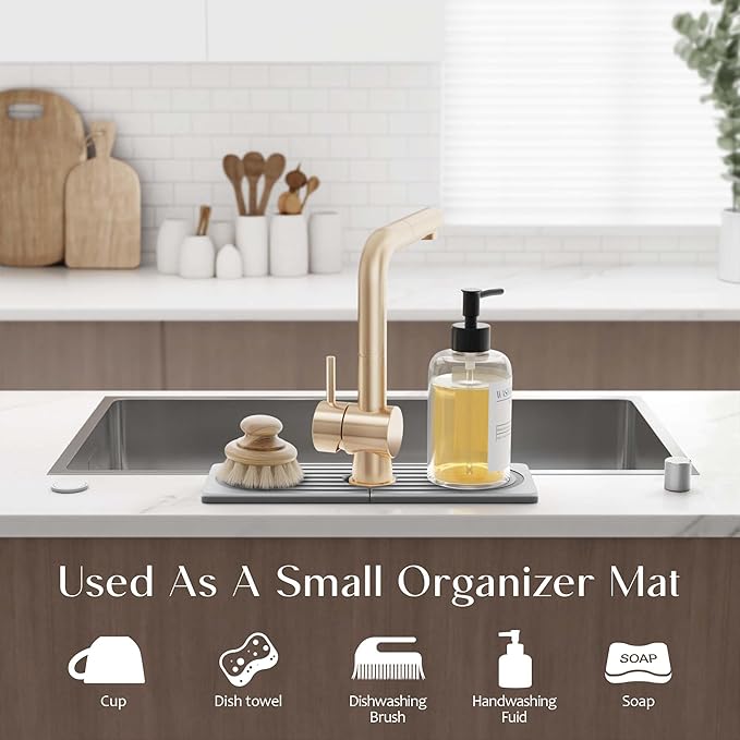 Diatomite Kitchen Faucet Mat - 14Inch Water Absorbing Stone Tray for Sink, Stone Fast-Drying Faucet Mat for Kitchen Counter Sink Accessories (Grey, 14'' x 3.9'')