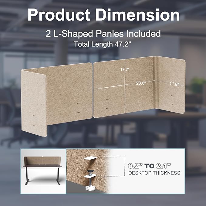 Desk Privacy Panel,2PCS L-Shaped Clamp-On Office Desk Divider,2-in-1 Adjustable Acoustic Desktop Partition Or Under Desk Modesty Screen,for Office,Home,Felt(Dark Camel, 47.2" x 17.7")