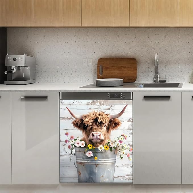 cfpolar Dishwasher Magnet Cover for The Front Dishwasher Door Cover Panel Decals Flower Cute Highland Cow Magnetic Refrigerator Cover for Kitchen Farmhouse Home Decor（23 X 26 in）