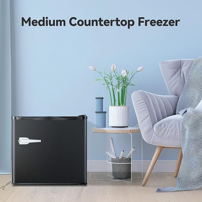 Mini Freezer Compact Upright Freezer, 1.2Cu.ft Small Freezer with Handle, Removable Shelves, Adjustable Thermostat, Low Noise Mini Freezers for Bedroom, Apartment, Home, Office, Black