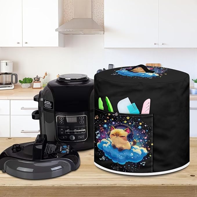 Xoenoiee Cat Starry Cloud Music Notes Pattern Pressure Cooker Cover for 3qt Kitchen Appliance Dust Cover with Pockets for Rice Cooker Air Fryer Slow Cooker