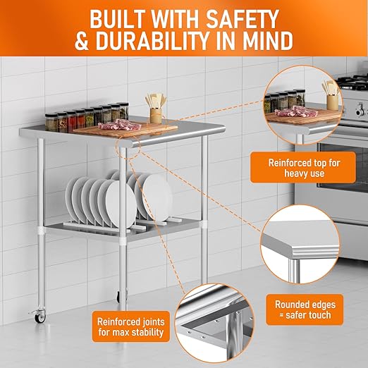 Stainless Steel Table with Wheels 24" x 36" Utility Worktable with Adjustable Undershelf for Commercial Kitchen, Garage, Restaurant