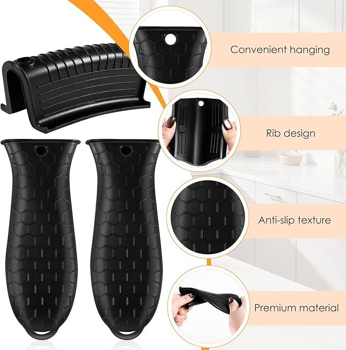 8 Pack Silicone Hot Handle Holders, Cover Cast Iron Handle Cover, Heat Resistant Assist Pan Handle Sleeve for Frying Pan, Non-Slip Pot Holder Sleeve, Potholder for Cast Iron Skillets(Black)
