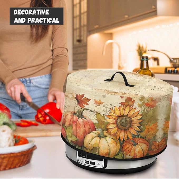 Fall Slow Cooker Dust Cover Compatible with 6/7/8 Quart Slow Cooker Dust Proof Electric Slow Cooker Cover with Pocket for Crock Pot Accessories, Vintage Pumpkin Sunflower Maple Leaf Print