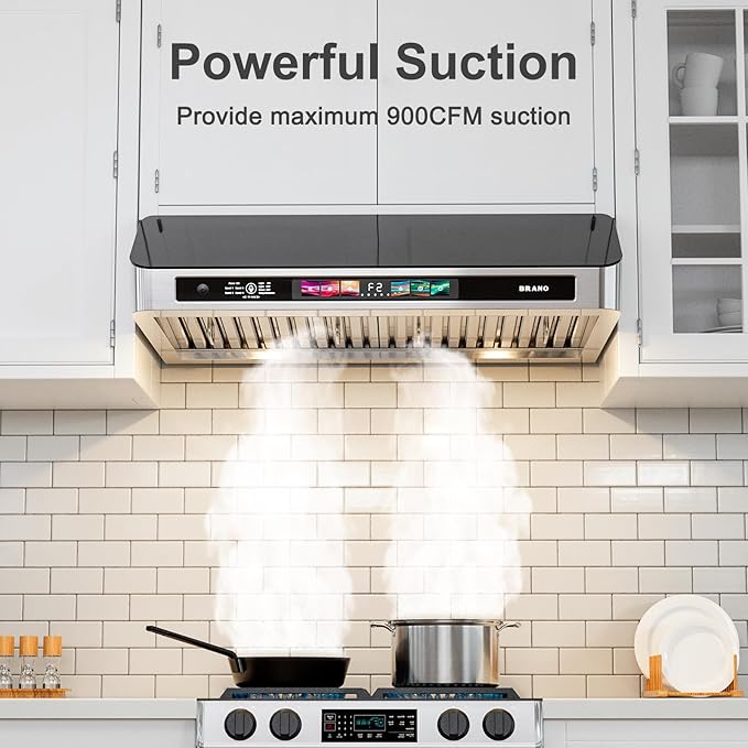 Under Cabinet Range Hood 30 Inch with Voice/Gesture/Touch Control, 900 CFM Kitchen Hood Vent with 4-Speed Exhaust Fan, Memory Mode, Adjustable Lights, Baffle Filters