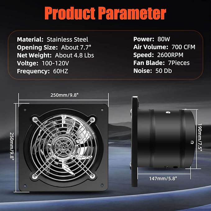 8 Inch Exhaust Fan with Speed Controller, 700CFM Wall Mount Exhaust Fan for Kitchen, Metal Ventilation Extractor Fan with Damper for Bathroom, Garage, Attic, Shop, Pet Room, Smoking Room, Basement