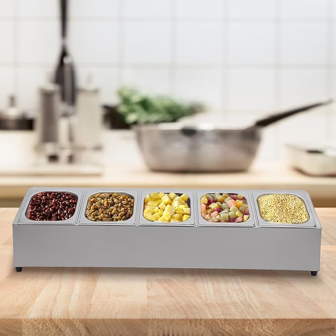 Pizza Toppings Station Storage Condiment Organizer Divider Food Container with 5 Pans & Lids, Stainless Steel Kitchen Condiment Divider Pizza Prep Ingredients Holder, Grill Table Serving Tray