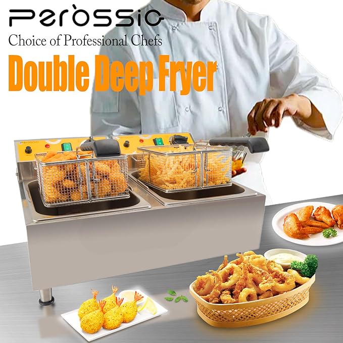 Dual Tank Deep Fryer 20L(21.1Qt) 3500 W Fast Heating, with Basket and Lid, 304SS Electric Large Deep Fryer for Home and Commercial, Countertop Deep Fryers